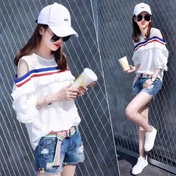 

Women Blouse Shirts Off Shoulder Designer Half Sleeve Lace Stripped Spliced Patchwork Blouses Casual Unique Shirts Tops NS370