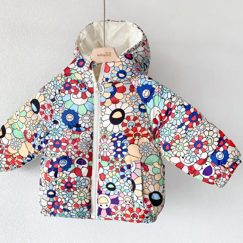 Flower Новые зимние пуховые пальто для девочек, куртки с капюшоном и рисунком для мальчиков, утепленные детские пуховые парки, пальто, детская зимняя одежда - Цвет: Flower