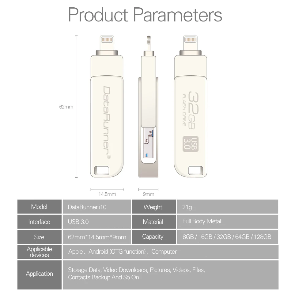 DataRunner OTG  ̺ USB 3.0 ÷ ̺,  iOS ȵ̵ PC, 256GB, 128GB, 64GB, 32GB, 3 in 1 USB ޸ ƽ