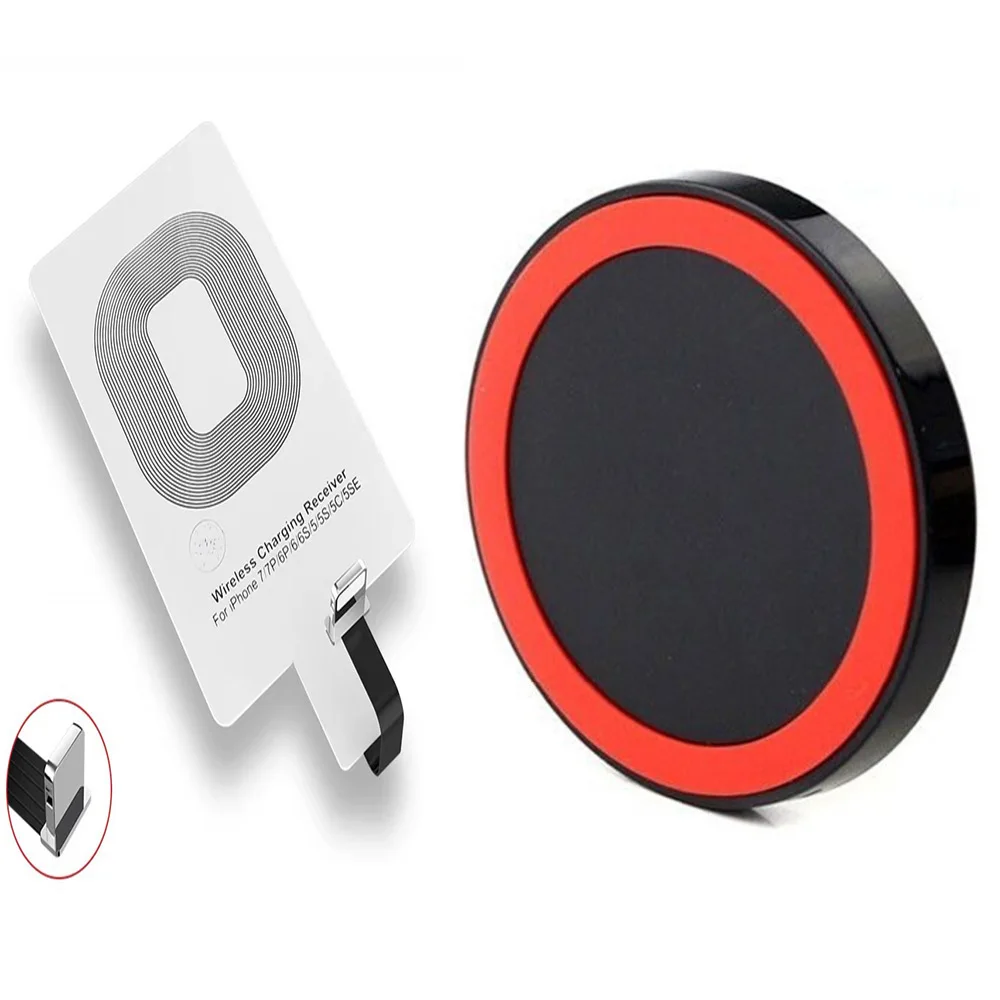 Kit Di Ricarica Wireless Rosso Tascabile Caricabatterie Adattatore Qi Ricevitore Ricevitore Bobina Per Iphone5 5S 6 6S 7 Huawei Xiaomi Android