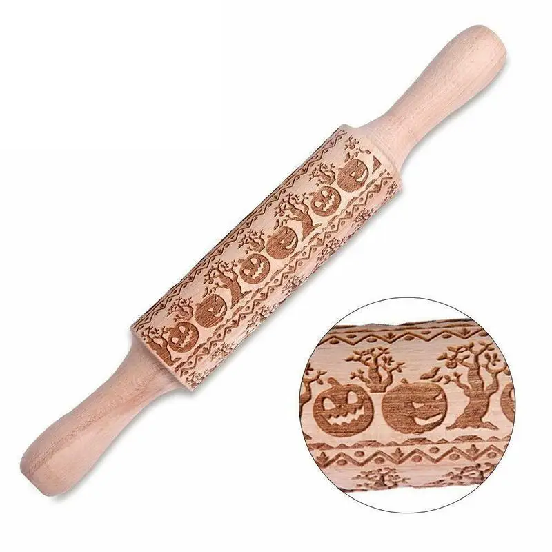 

2019 Halloween Rolling Pin Rolling Pin Flower Wood Embossed Fondant Biscuits Cookie Print Rolling Pin Kitchen Baking Utensils