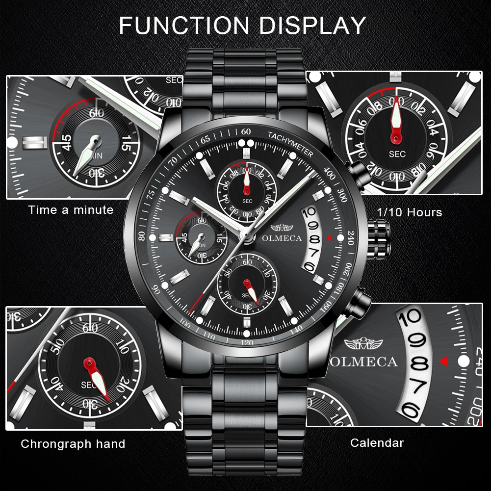 OLMECA повседневные часы водонепроницаемые спортивные часы для мужчин наручные часы с хронографом модные мужские часы из нержавеющей стали