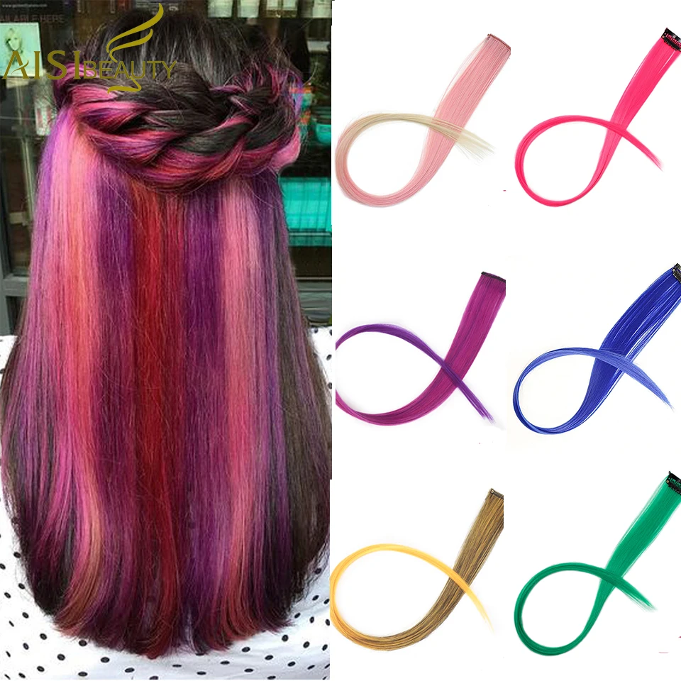 

AISI BEAUTY Long Straight Rainbow Hair Extensions Clip in One Piece Highlight Ombre Pink Grey Synthetic Hair Strands on Clips