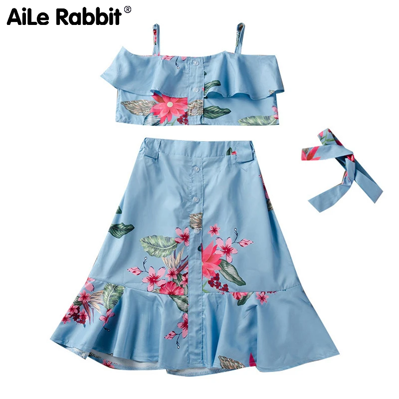 Summer Hot Floral Girl Suit Strap Long Skirt Headband 2 Piece Set Fresh Flower Children's Clothing For Girls Ins Fashion Style | Детская