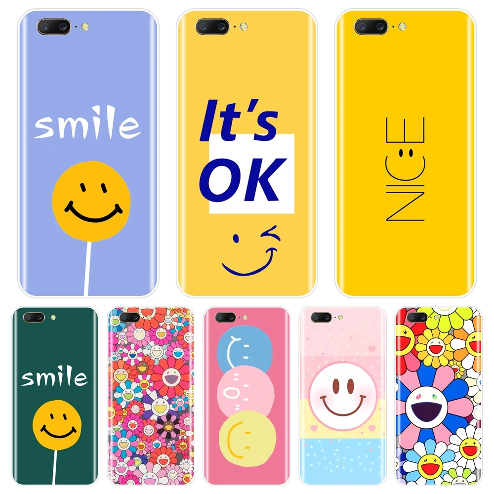 Мягкая искусственная кожа для One Plus 3 3T 5 5T 6 6T желтая синяя зеленая улыбающаяся