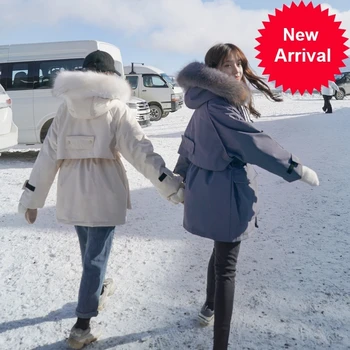 

New Arrivals Lusumily Extra Large Fur Hooded Winter White Down Jacket Women -20 Degree Thicken Parkas Warm Sash Tie Up Snow Coat