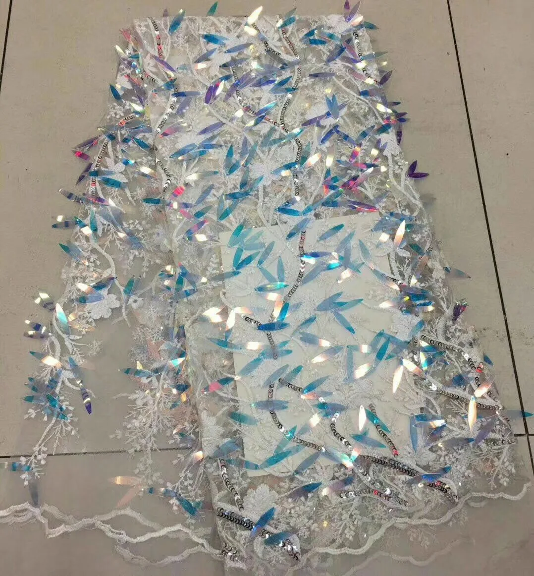 

White Nigerian Lace Fabrics For Party, 3D Flower Sequins Lace Fabric, Wedding Lace Fabric African Lace Fabric FJ2221