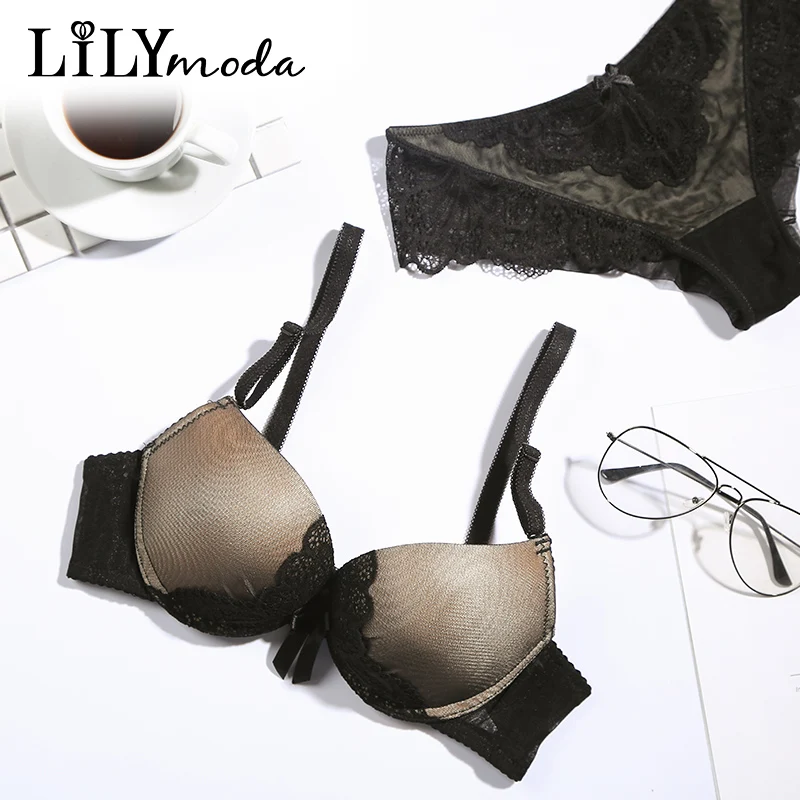 Женский кружевной бюстгальтер Lilymoda комплект с трусиками бабочками и чашкой пуш
