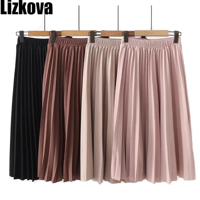 US $10.08 2020 Spring High Waist Pleated Skirt Women Black Causal Midi Skirts Plus Size Elastic Waist PYQ011