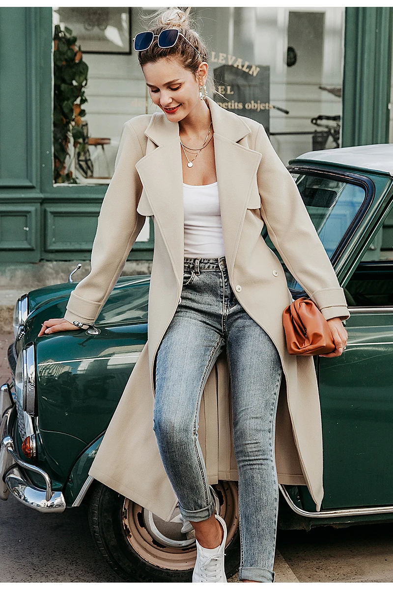 Simplee Wool blend winter tweed coat women Long sleeve elegant sash belt female outwear coat Autumn winter streetwear coat