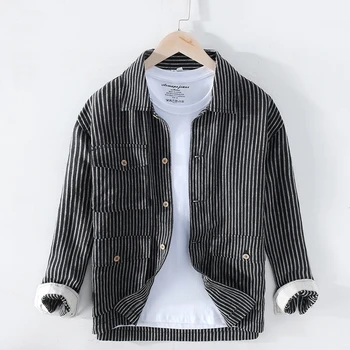 

2020 Spring New Cargo Striped Jacket Fashion Pure Linen Casual Do Old Retro Jackets Multi-pocket Outwear Clothing Coats Y2611