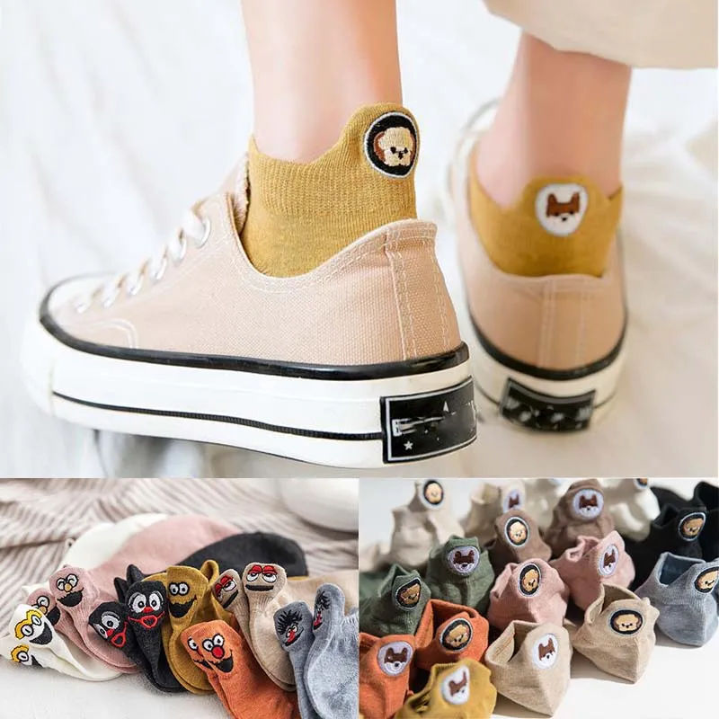 Kawaii/женские носки с вышивкой в виде животных; модные забавные Женские носочки; хлопковые летние носки; 3 пары ярких цветов