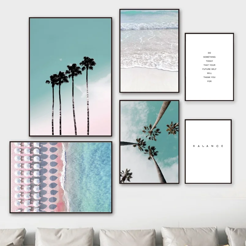 Coconut Palm Tree Pink Beach Sea Umbrella Wall Art Canvas Painting Nordic Posters And Prints Pictures For Living Room Decor | Дом и сад