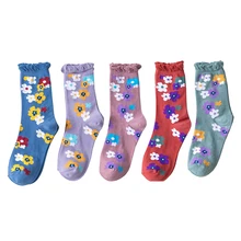 5 пар в партии милые забавные женские носки цветы жаккард для осень зима женские носки