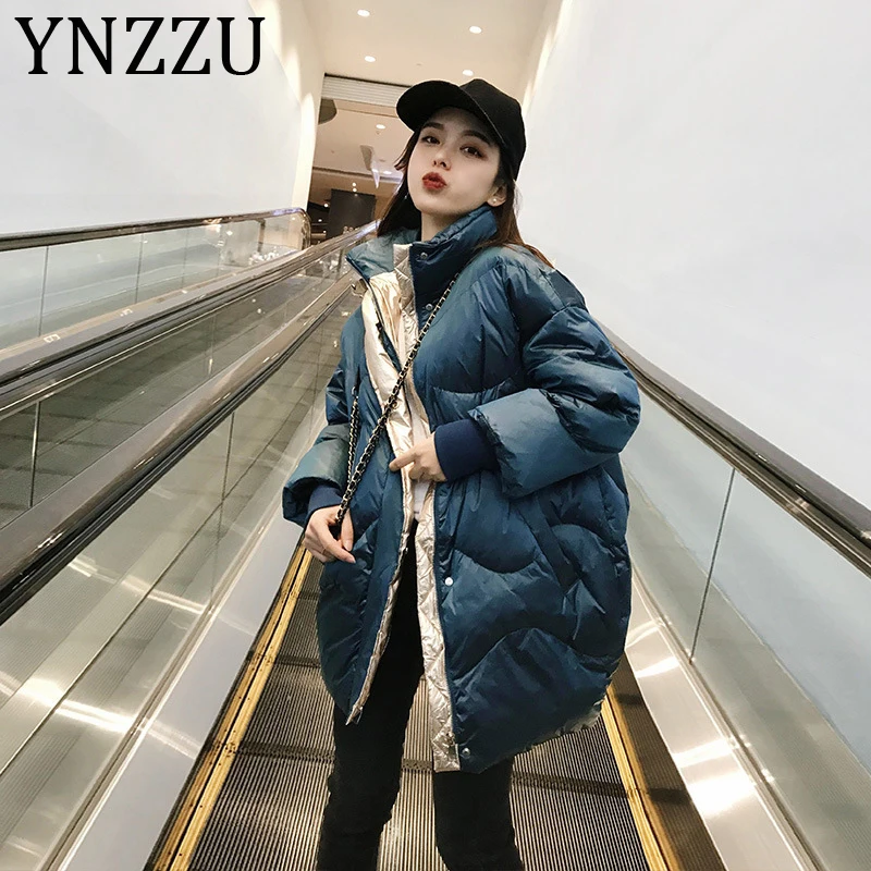 YNZZU, большой размер, 90%, белый утиный пух, пальто для женщин,, зима, Повседневный, стоячий воротник, теплый, женский, пушистый пуховик, свободная парка A1431