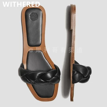 

Withered 2020 summer england office lady simple 100%Sheep leather high quality mules slippers women shoes woman flat shoes women