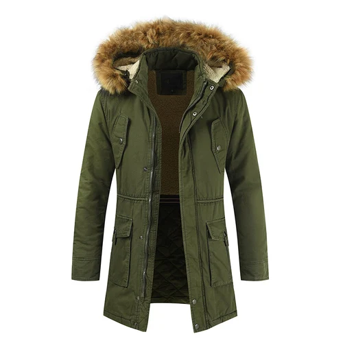 army green Мужская стеганая куртка с капюшоном зимняя мужская теплая куртка мужское хлопковое пальто с подкладкой военный меховой капюшон Тренч Тактический бомбер парка L-3XL - Цвет: army green