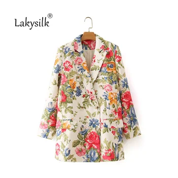 

Women Floral Print Blazers Double Breasted Notched Full Sleeve Suits Office Ladies Casual Loose Coat Jackets with Pocket