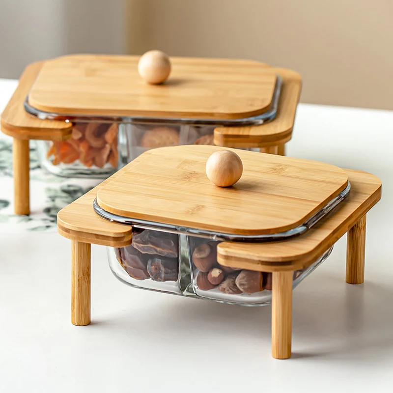 

Compartmental Glass Fruit Plate Wood Frame Creative Snack Nuts Dish Four Grids Storage Basket New Arrival Tableware