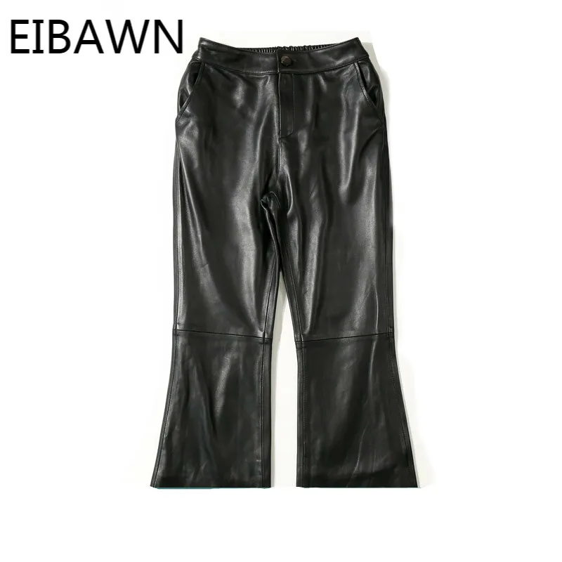 2020 European Station Autumn New  Leather Pants Women's Sheep Skin Elastic Waist Trousers SlimFlared Pants Trousers Woman Pants