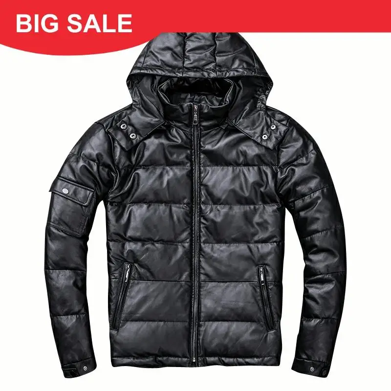 

2020 Black Men Hood Casual Leather Down Jacket Plus Size XXXL Genuine Thick Russian Winter Sheepskin Down Coat FREE SHIPPING