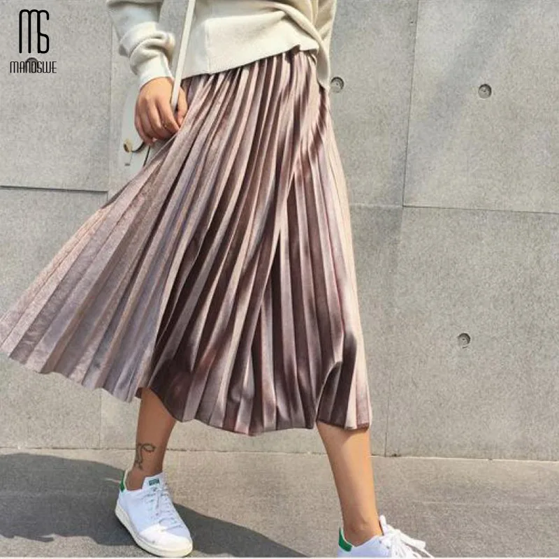 Khaki Manoswe модная разноцветная осенняя и зимняя бархатная юбка с высокой талией, мягкие удобные женские юбки размера плюс 3xl - Цвет: Khaki