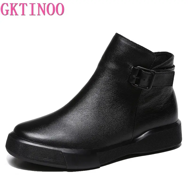 GKTINOO Winter Boots Women Genuine Leather Ankle Boots Plush Inside Handmade Soft Flat Shoes Retro Women's Shoes Boots