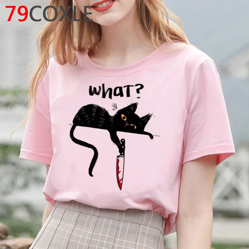 Женская футболка с принтом Cat What в виде мультяшного кота ножом забавная