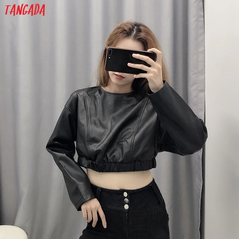 Tangada женские черные майки кроп из искусственной кожи новое поступление с длинным рукавом винтажные женские блузки из искусственной кожи Топы BE31