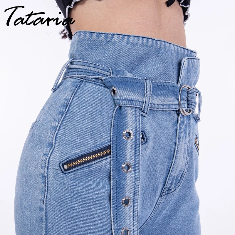 Tataria/джинсы с высокой талией для женщин; уличная одежда; повседневные узкие Стрейчевые джинсовые брюки; женские узкие джинсы с кисточками и поясом; женские брюки