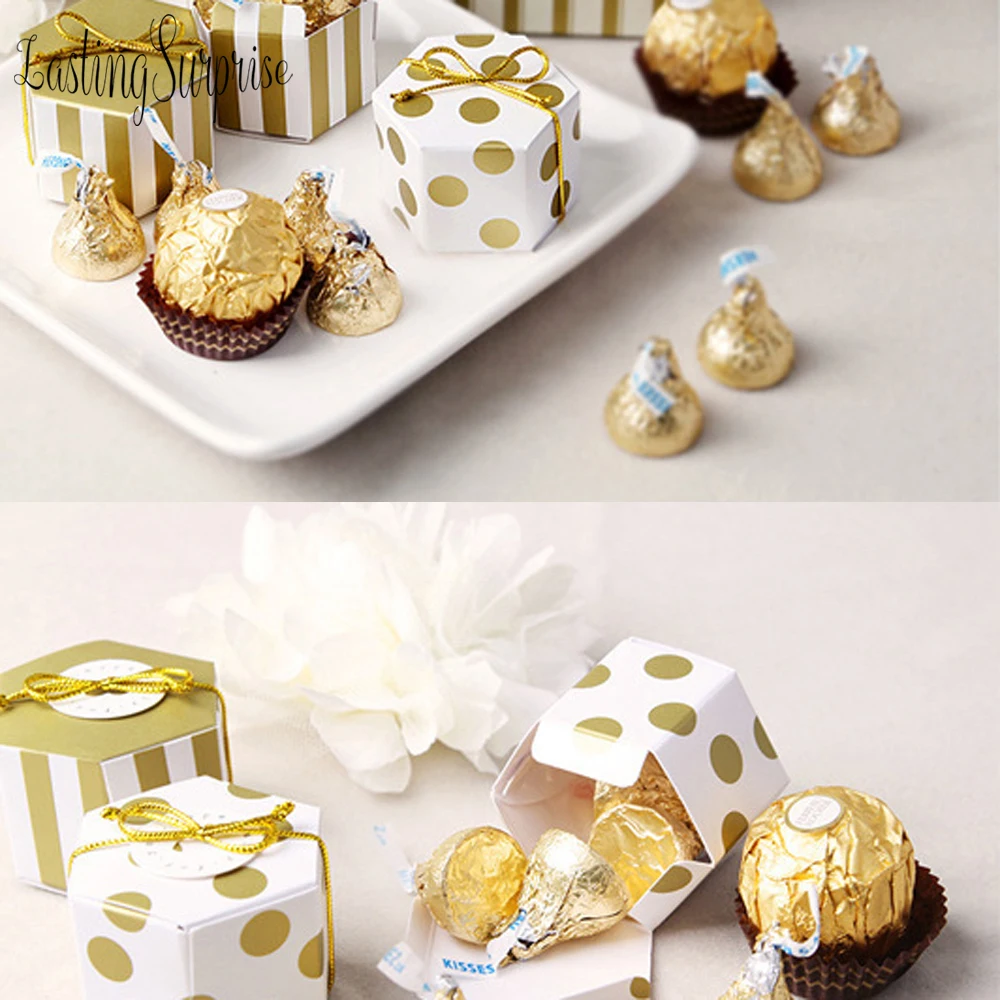 5 шт. мини золотая полоса в горошек Подарочная коробка Шестигранная Свадебная коробка конфет бронзовая коробка конфет упаковка для выпечки Свадебные украшения для вечеринки