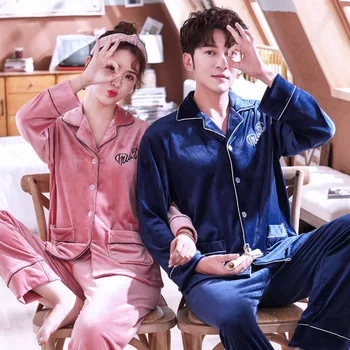 

Autumn Winter Couple Casual Pajamas Set Velvet Soft Home Clothes Loose Large Long Sleeve Pyjamas Suit Plush Warm 2pcs Sleepwear