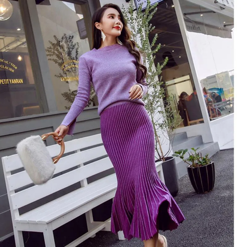 

2019 Fall Winter Designer Bright silk knitted Pullovers Sweater Skirt 2 piece Set Women's Knitted Shiny Pleated Mermaid Skirt