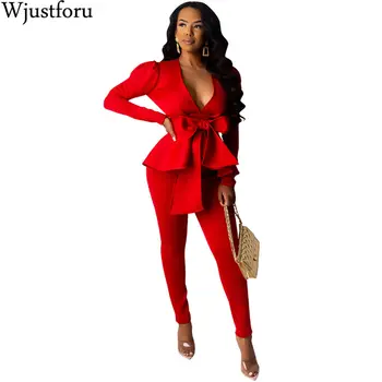 

Wjustforu Space Layer Elegant Office Two Piece Set Women V Neck Sexy Blazer + Pencil Pants Female Casaul Ruffle Tracksuit Slim