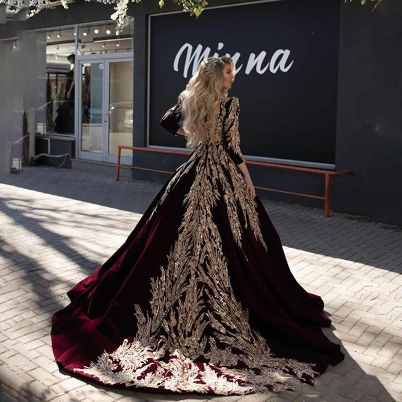 LORIE Ball Gown Formal Burgundy Evening Dresses Gold Lace Appliqued Dubai Arabic Celebrity V Neck Long Sleeve Pageant Prom Gowns