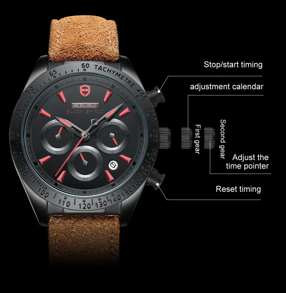 2022 Ever Move Men's Sports Chronograph  Luxury Literal Business Style Multifunctional Leather Real Nail Quartz Watch