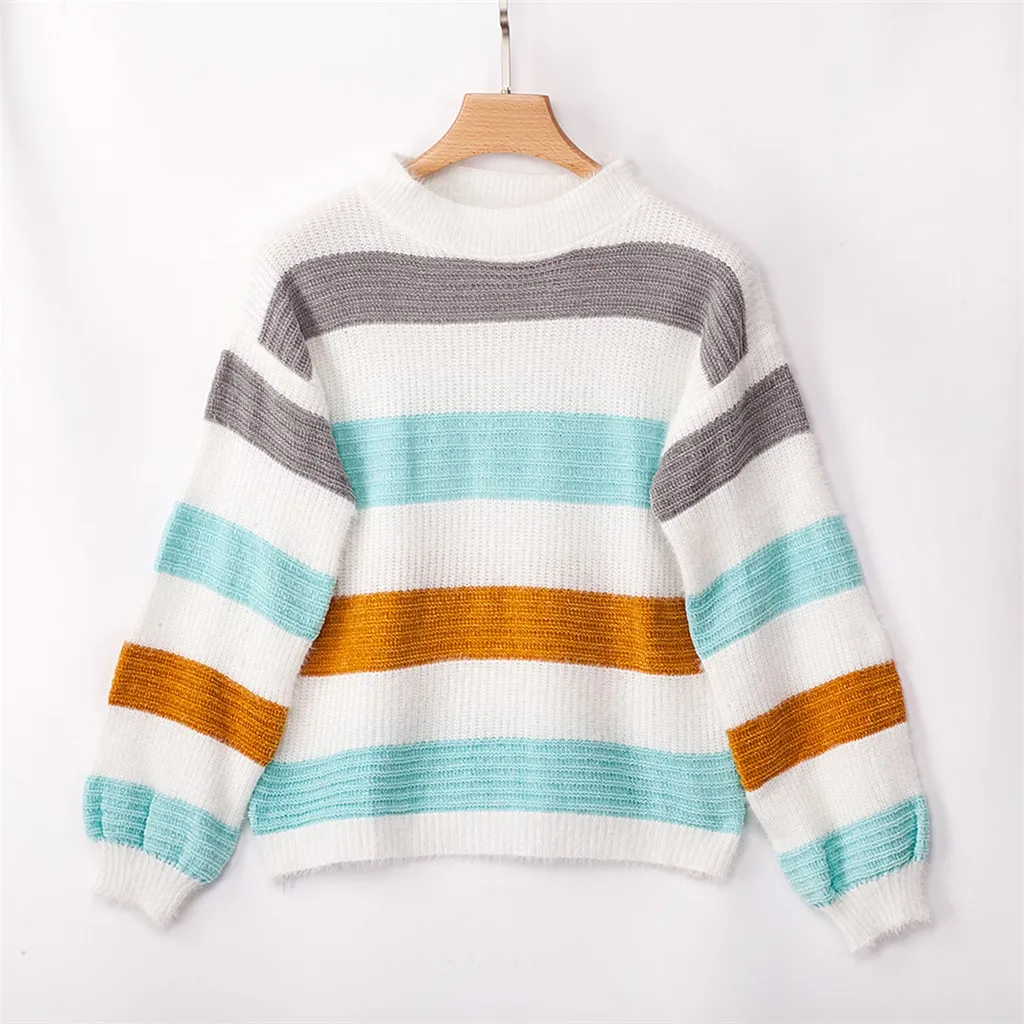 Новые женские свитера пуловер Плюс размер Женский вязаный полосатый пэчворк длинный рукав o-образным вырезом свитер Топ Зимний вязаный свитер