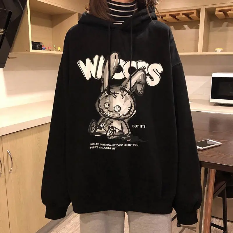QWEEK Gothic Harajuku Hoodies Women Streetwear Dark Rabbit Bunny Print Long Sleeve Black Tops Mall Goth Clothing Alt 2021 Autumn