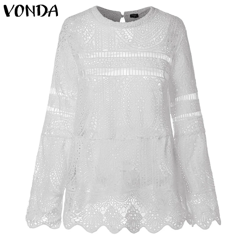 VONDA, сексуальная Кружевная туника, полые топы, футболка, блузка, осенняя, с длинным рукавом, с неровным подолом, для вечеринки, Blusas, для беременных, пляжные рубашки, 5XL