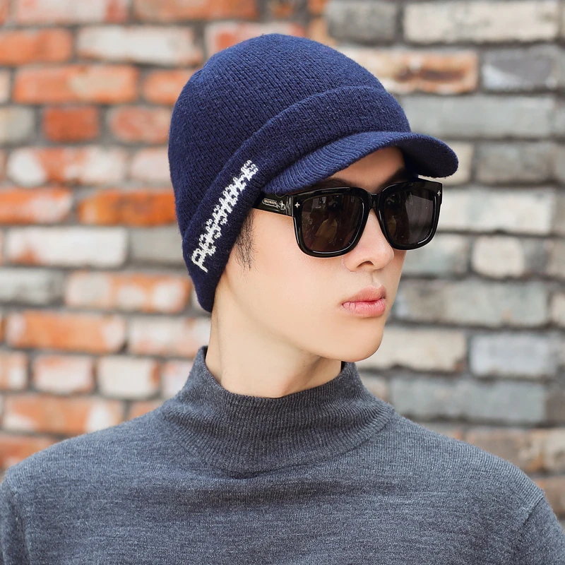 Navy Blue Зимняя шапка Skullies Beanies шапки зимние шапки для мужчин женский шерстяной шарф шапки маска Knitted шапка вязаная шапка - Цвет: Navy Blue