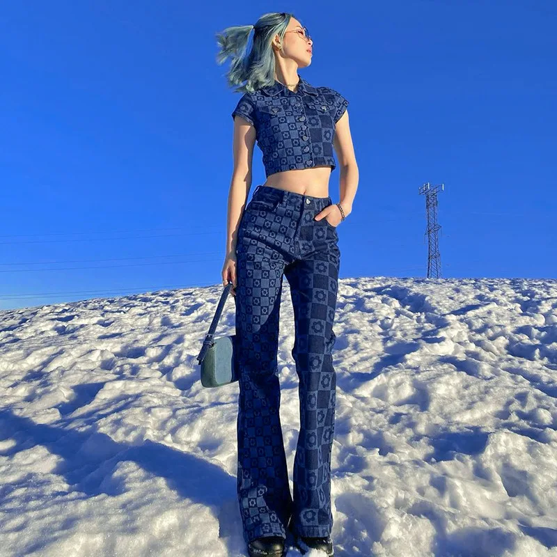 Women Denim Outfit Vintage Blue Crop Top And Wide Leg Pants Set JKP4789