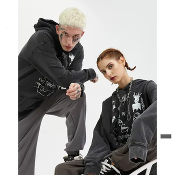 

2019 Autumn and Winter New Men's Retro Wash OVERSIZE Graffiti Hooded Terry Sweatshirts Men and Women Streetwear