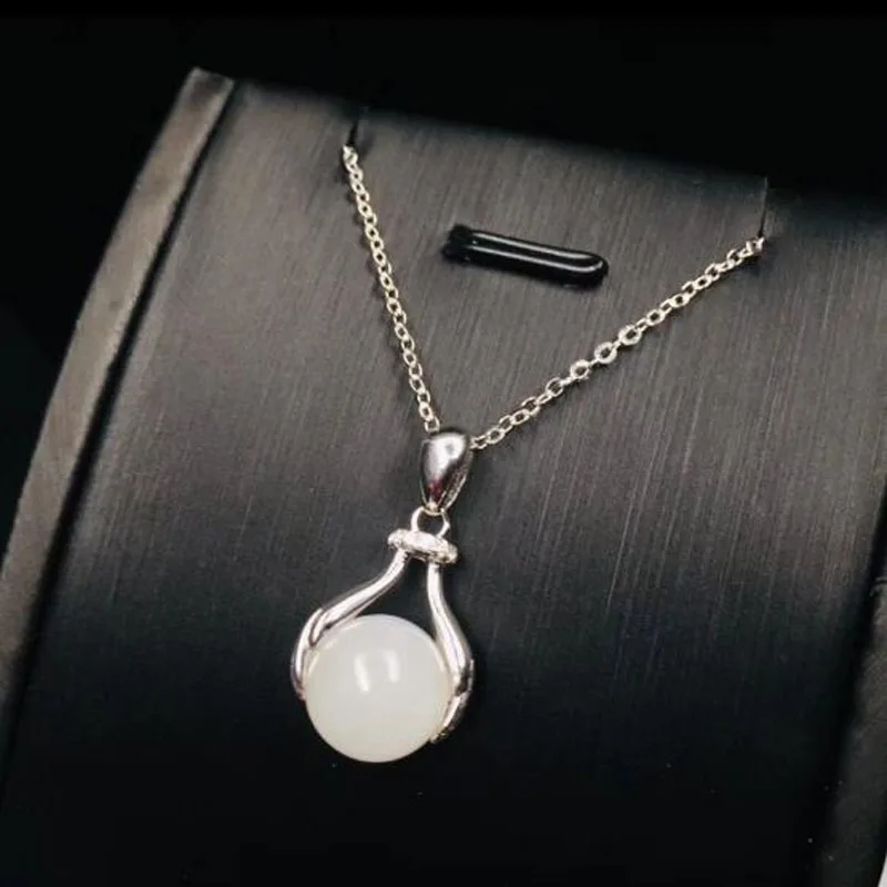 Natural Chinese HeTian White Jade Inlaid Beads Drop Pendant Beautiful 925 Silver Necklace Fashion Charm Jewelry For Men Women Gi | Украшения