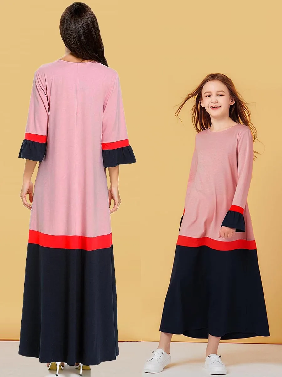 Длинное мусульманское платье для женщин, для девочек, розовое, abaya, Дубай, Турецкая индейка, Бангладеш, кафтан, для мамы и ребенка, для семьи, Исламская одежда