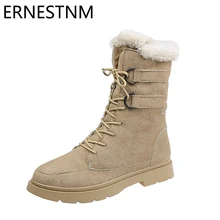ERNESTNM/зимние сапоги; модная женская обувь из коровьей замши на плоской подошве с круглым носком; теплые меховые сапоги; зимние сапоги на платформе; Zapatos De Mujer
