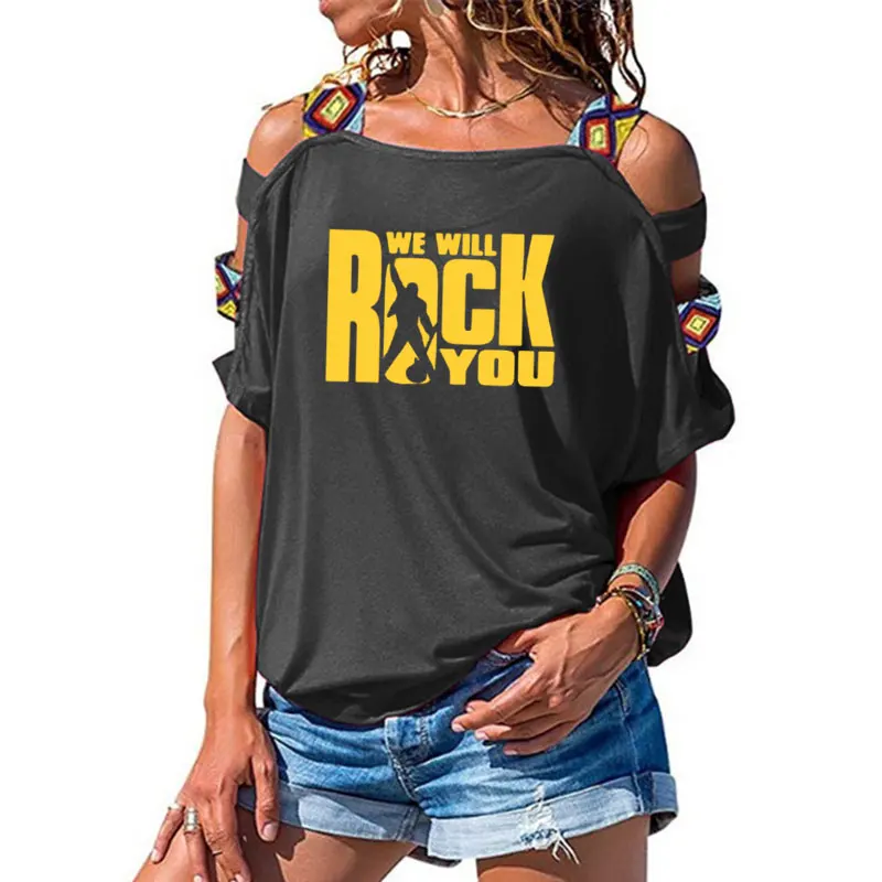 4 We Will Rock You, женская футболка, летняя, королева рок-группы, футболка, короткий рукав, хлопок, рок-ролл, женские сексуальные топы с открытыми плечами - Цвет: 4