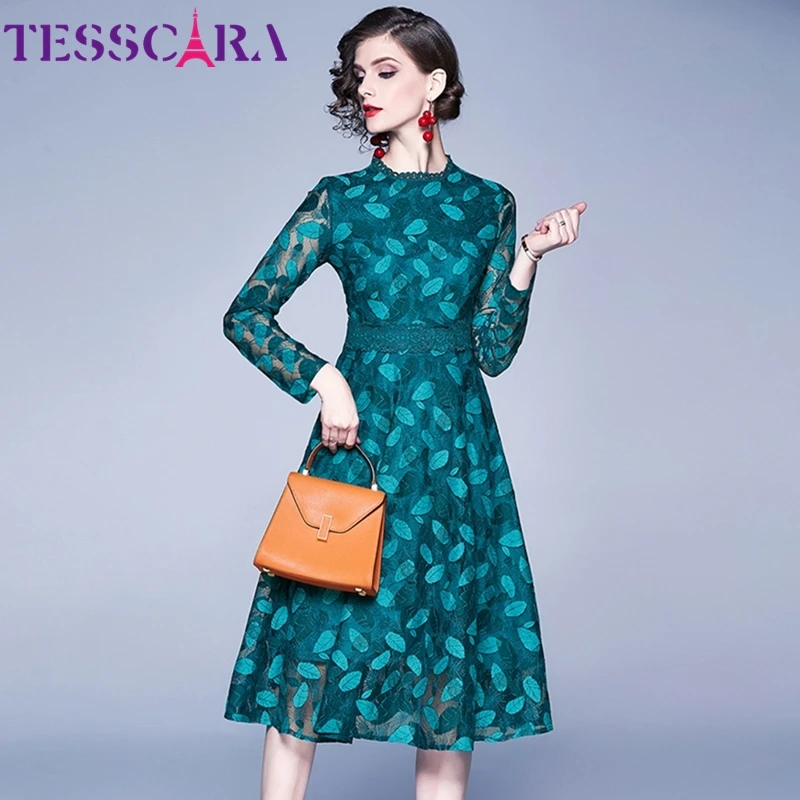 TESSCARA Women Spring & Autumn Long Elegant Lace Dress Female Cocktail