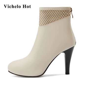 

Vichelo Hot genuine leather round toe super high heels winter shoes women platform rhinestone sexy lady party ankle boots L1f1