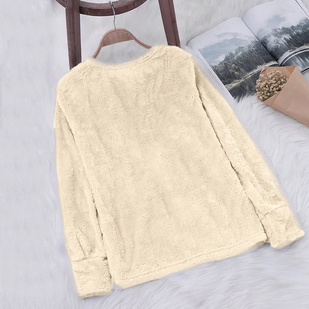 JAYCOSIN Fashion Women Artificial Wool Plush Sweatshirt Casual Simple Long Sleeve Solid Color Comfortable Pullover Blouse Top