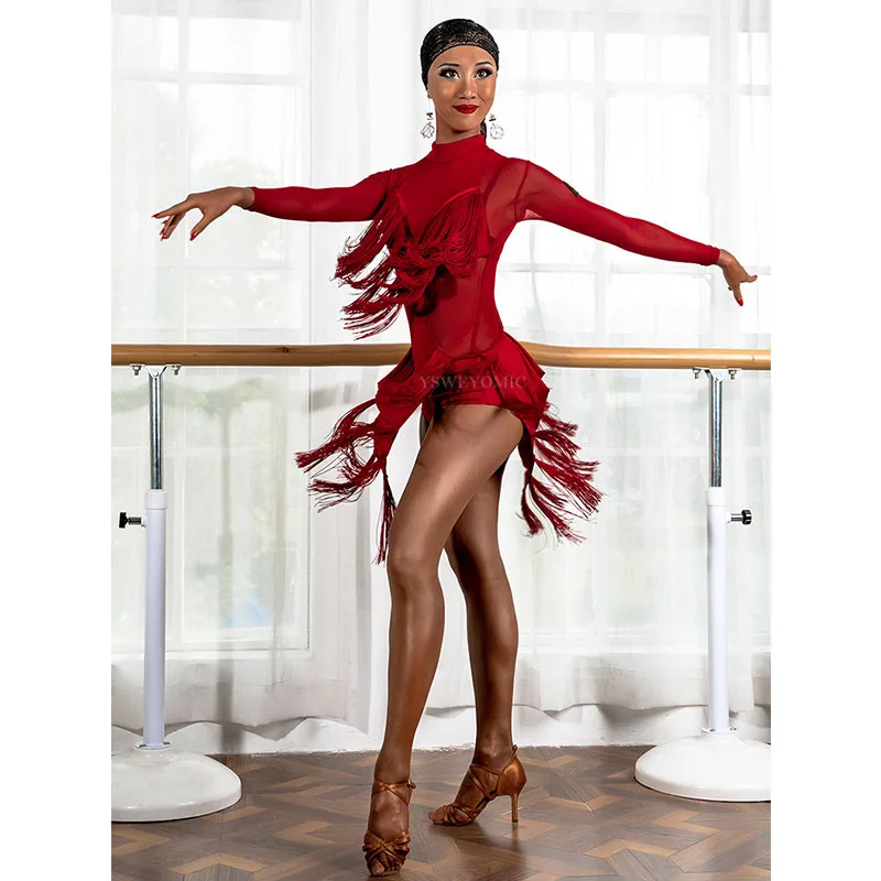 Красное, черное платье для латинских танцев для девочек и женщин, платье для латинских танцев с бахромой, платье для латинских танцев с бахромой, UA237
